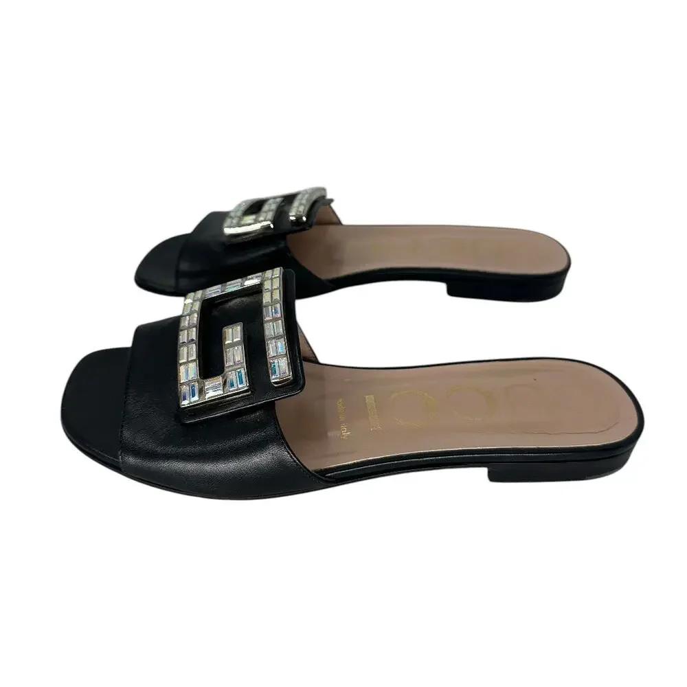 Gucci Leather Madelyn Crystal G Logo Slide Flats Sandals Black Size 36.5
